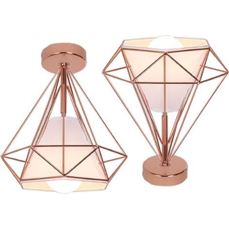 2X Lampe À Suspension Rétro Vintage En Forme De Diamant 25CM (Or Rose) Plafonnier Industriel En Métal Et Fer E27 Pour Restaurant Et Café