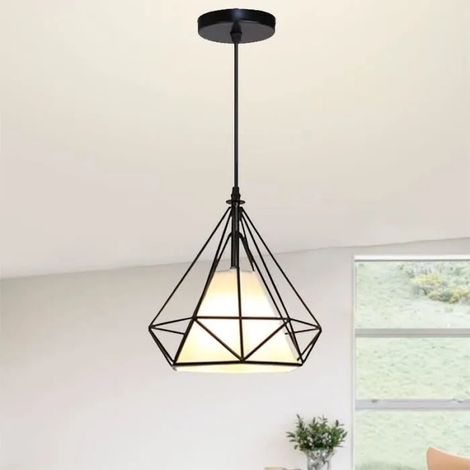 U-Do Suspension Filaire Vintage Lampe Abat - Jour Cage forme Diamant en Fer Noir E27 Lustre Intérieur Industriel (1/4)