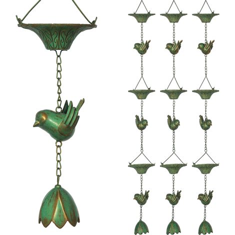 Chaîne de pluie en métal – Ensemble 3 pièces – 123 cm – Support intégré – Motif clochettes d'oiseaux – Vert