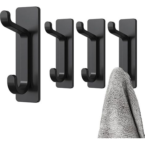 ， Crochet Adhesif Mural Porte Serviette Salle de Bain Accroche Torchon Cuisine Manteau Adhésif Attache Murale Sans Percer 4 pièces Noir (1/5)