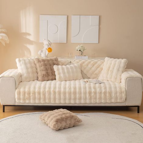 Cuscino per divano in morbido peluche a forma di coniglio, fodera antiscivolo super soffice in pelliccia sintetica per proteggere i mobili (bianco, 90 x 160 cm) (1/5)