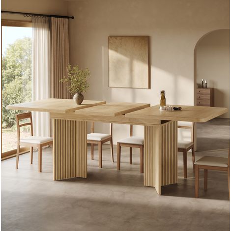 Table de salle à manger extensible 120-160 cm en MDF et métal, chêne clair, gain de place FloraGrace (1/5)
