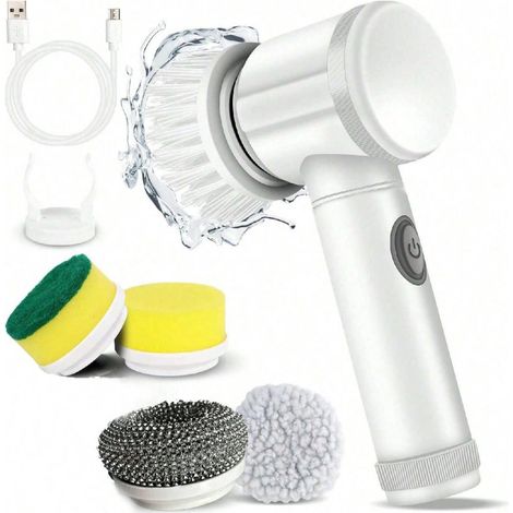 Kabelloser Rotationsreiniger mit 5 austauschbaren Bürsten – ideal für Fliesen, Badezimmer, Fenster und Küche