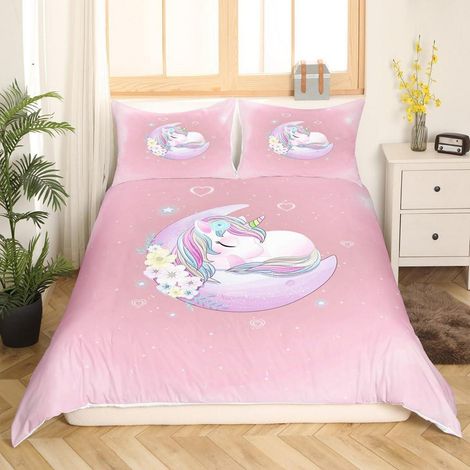 Parure de lit enfant 155x220 cm Licorne Lune Rose Housse de couette avec fermeture éclair