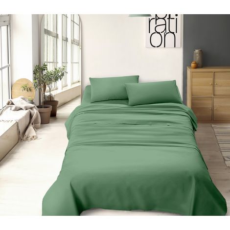 Completo Letto No Stiro Prodotto Italiano Set Lenzuola Tinta Unita Effetto Raso Lenzuolo Sotto Fino 30 Cm Con Angoli Elasticizzati Sopra Federe Salvia - Una piazza e Mezza (1/5)