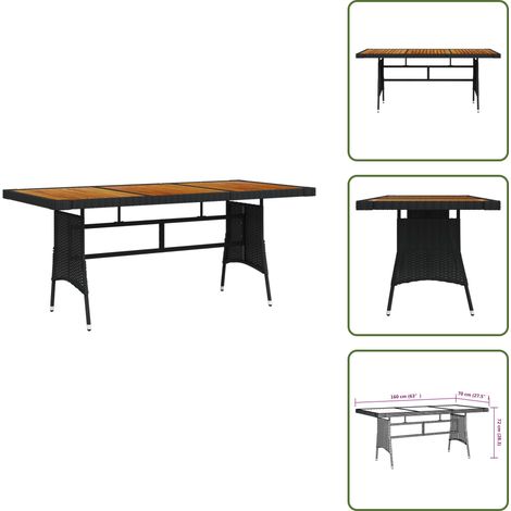 The Living Store Tavolo Giardino Nero 160x70x72cm Polyrattan e Massello d'Acacia - Tavolo da pranzo all'aperto
