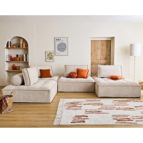 Bestmobilier – Canapé panoramique modulable 7 places – Velours texturé beige – Angle réversible – Coussins déhoussables – Design contemporain
