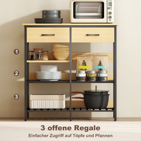 Buffet, commode avec 2 tiroirs, 3 étagères ouvertes, meuble de cuisine pour cuisine, salon 90 x 40 x 91 cm, bois naturel (1/5)