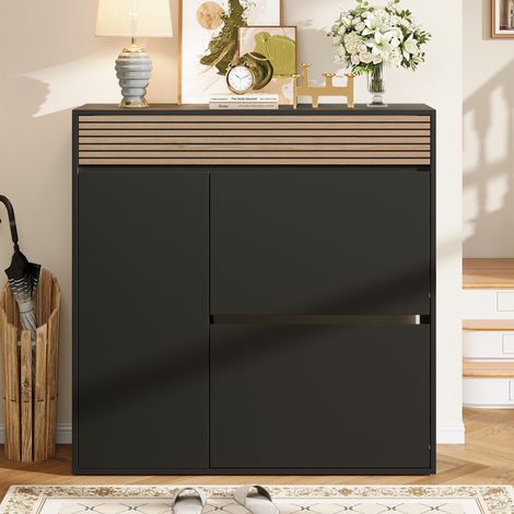 Scarpiera salvaspazio 100 x 35 x 105 cm con 1 cassetto 2 ante a ribalta e 1 anta per ingresso corridoio moderno mdf - Nero e legno naturale (1/5)