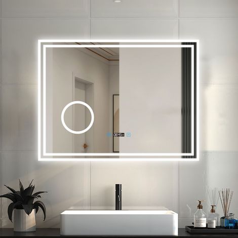 LED Badspiegel mit Beleuchtung Badezimmer Spiegel mit Uhr 3 Lichtfarbe 3x Vergrößerungsspiegel Beschlagfrei Speicherfunktion Wandspiegel mit Touchschalter Horizontal 80x60cm (1/5)