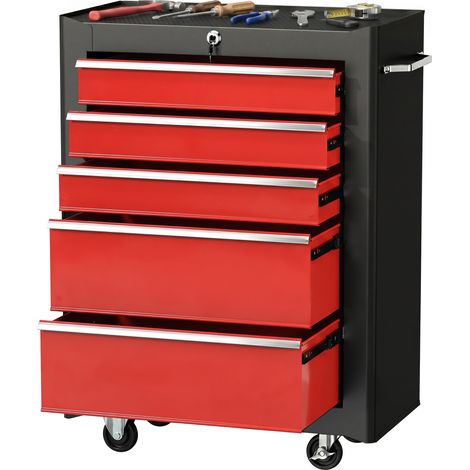 Chariot à outils à 5 tiroirs, tapis EVA, serrure et 2 clés, 4 roues pivotantes, noir et rouge (1/5)