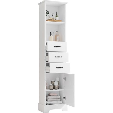 Colonne de salle de bain blanche en MDF 38 x 26 x 172,5 cm avec 3 tiroirs, portes et étagères réglables (1/5)