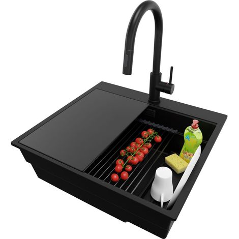 PRIMAGRAN Evier Cuisine en Granit 58x53cm,Lavabo 1 bac + Robinet 40x20cm + Kit de Vidage + Accessoires, Évier à Encastrer au meuble 60cm - Oslo Max, Tout Noir (1/5)