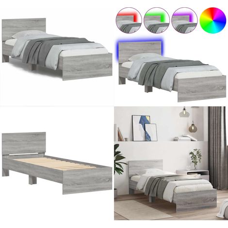 Bettgestell mit Kopfteil und LED-Leuchten Grau Sonoma 90x190 cm - Holzbettfassungen - Bettsystem - Kopfteil Bett - Lattenrost - Schlafzimmer Dekoration - Home & Living (1/5)