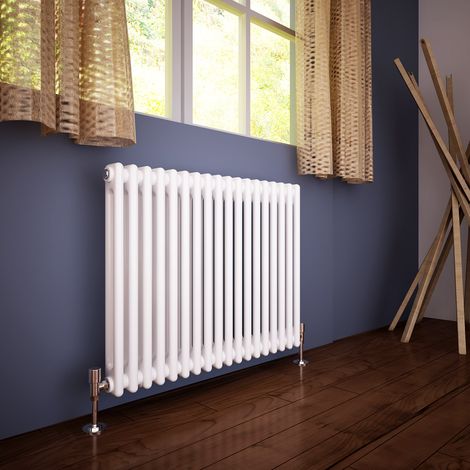 ELEGANT Traditional Radiator 600 x 830mm Horizontal Double Column Cast Iron Style Radiator White + Chrome Thermostatic Radiator Valves (1/5)