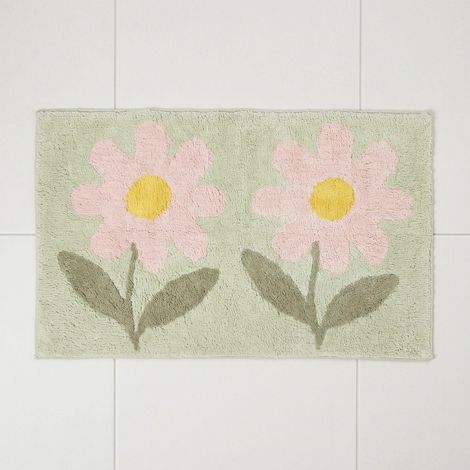 HOMESCAPES Tapis de bain vert à fleurs 100% coton, 50 x 80 cm (1/5)