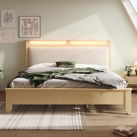 Lit double - KOMHTOM - 160x200 - Bois chêne clair - Tête de lit avec rangement & LED - Velours côtelé beige (1/5)