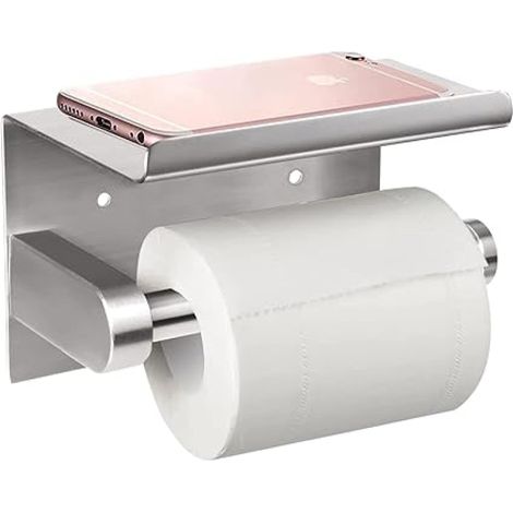 Porte-papier toilette adhésif argenté en acier inoxydable SUS 304. Installation sans perçage ni vis murales. Convient aux salles de bain et aux cuisines.