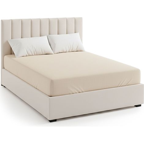 Cotecosy – Lit coffre 140x190cm – Sommier relevable en tissu beige – Tête de lit rembourrée – Rangement sous le sommier (1/5)