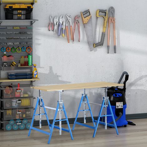 Set di 2 cavalletti da lavoro, portata fino a 200 kg, cavalletto pieghevole, altezza regolabile 80-130 cm, cavalletto da ponteggio in acciaio, cavalletto pieghevole, cavalletto di supporto, blu