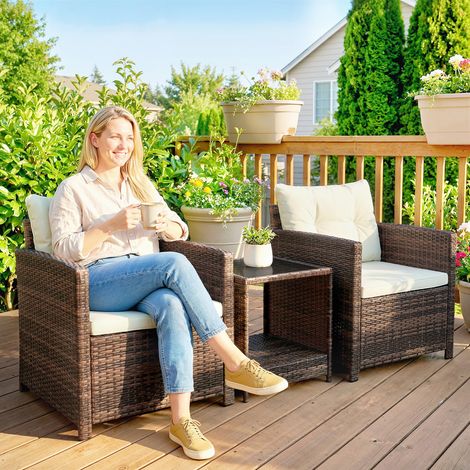 Ensemble bistrot rotin Blanc 3 pièces 2 fauteuils table verre niveaux coussin assise amovible crème
