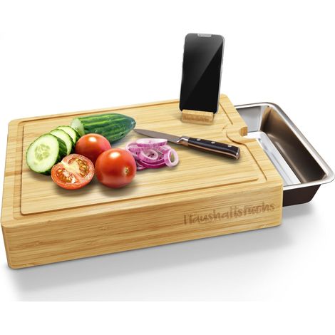 Planche à découper en bambou 100 % de qualité avec grand bac de récupération, support pour téléphone portable et rainure à jus - Planche de cuisine XXL en bois avec bac (1/5)