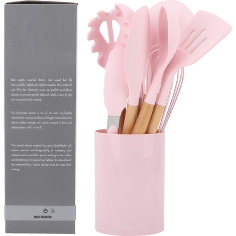 Ensemble de 11 ustensiles de cuisine antiadhésifs, design sans soudure, résistant à la chaleur et confortable - Spatules rose pour la maison (1/5)