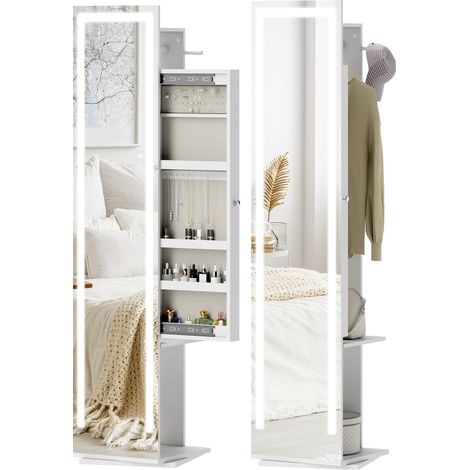 HOMCOM espejo joyero con luces LED, armario para joyas con espejo entero, giratorio de 360°, estantes abiertos, barras para colgar bolsos, blanco