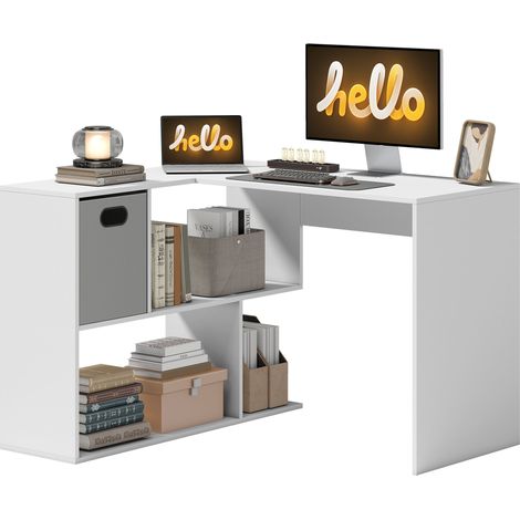 HOMCOM Scrivania Moderna Angolare con Scaffale e Cassetto in Tessuto Bianco