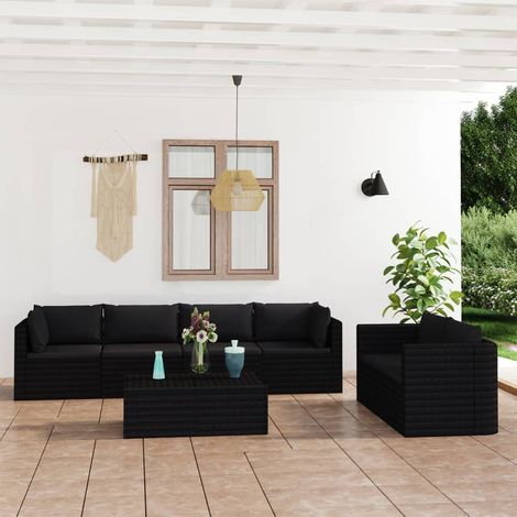 7-tlg. Garten-Lounge-Set mit Kissen Poly Rattan Schwarz (1/5)