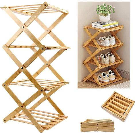 Étagère à Chaussures, Meuble à Chaussures 4 Niveaux, étagère Pliante Multifonction, Couleur Bois, pour Entrée, Placard, Chambre à Coucher, Couloir, Fonctionnel Etagere Chaussure (1/5)