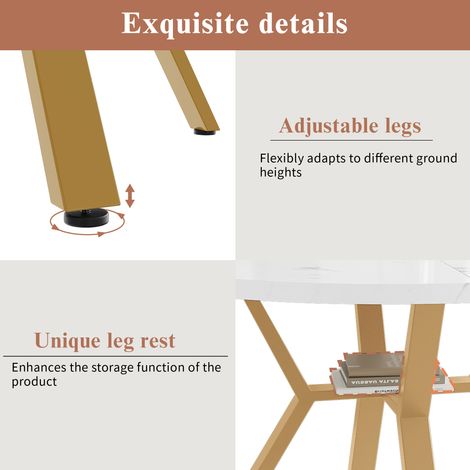 Set de table et chaises, composé de 5 pièces. C’est un ensemble moderne et élégant, constitué d’une table ronde en marbre. Les pieds de la table sont en métal de couleur dorée. (1/5)