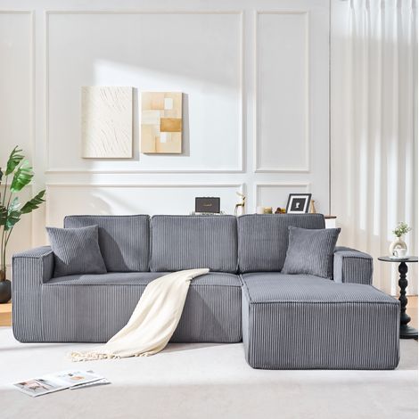Canapé d’angle modulable 235x128x60 cm en tissu côtelé gris, méridienne pour petit salon – MEUBLIV (1/5)
