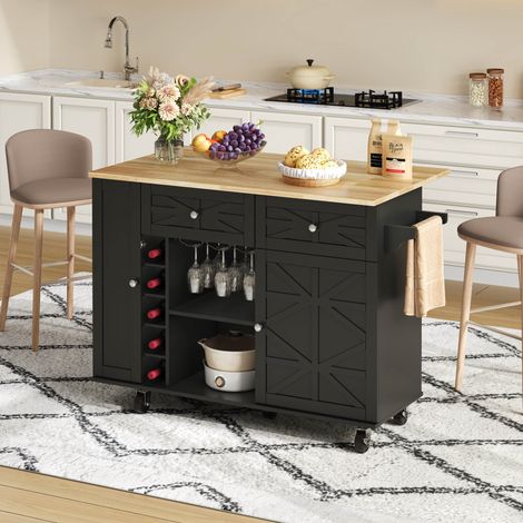 MEUBLIV Kücheninsel 120 x 70 x 89 cm schwarz – klappbare Platte, integrierter Stauraum (1/5)