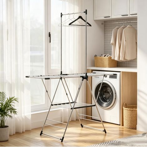 Tendedero plegable de acero inoxidable 139x62,5x201 cm, 5 niveles, plateado - MEUBLIV (1/5)
