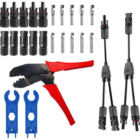 Conector macho/hembra para módulos solares con herramienta de crimpado, Y 1→2, resistente al agua IP67, herramienta incluida (1 par) (1/5)