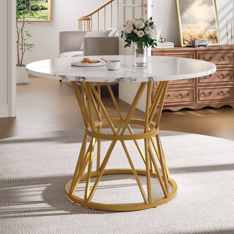 Table à manger ronde 100x100x76 cm, en mdf marbre avec pieds métalliques dorés, pour 4 personnes (1/5)