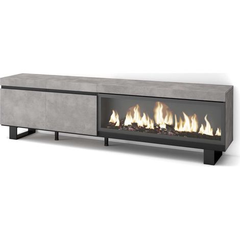 Mueble TV Igualeja-01 de 208x57x35 cm con chimenea eléctrica XXL, diseño industrial, color cemento (1/4)