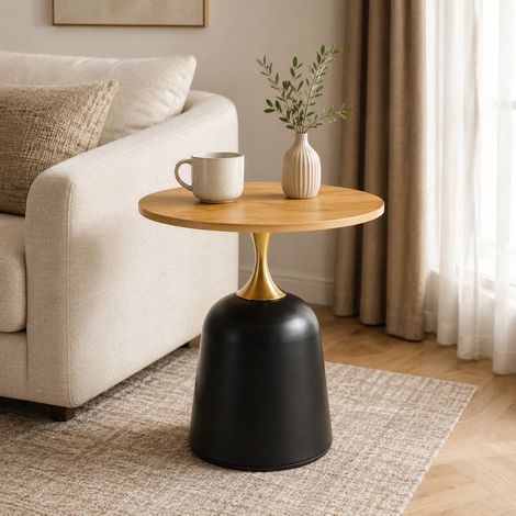 Table d’appoint rond Ø60 cm plateau imitation bois piètement métallique, table basse multifonction style nordique pour salon chambre bureau (1/5)