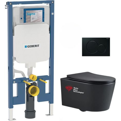 Pack WC Bati-support Geberit UP720 slim + WC sans bride Swiss Aqua Technologies + plaque noire mat (SLIMBLSATA)