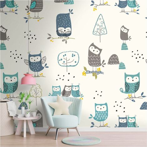 Photo wallpaper Profhome 391901 hot embossed non-woven wallpaper smooth with pattern for kids matt cream blue grey yellow 1.59 m x 2.8 m (1/4)