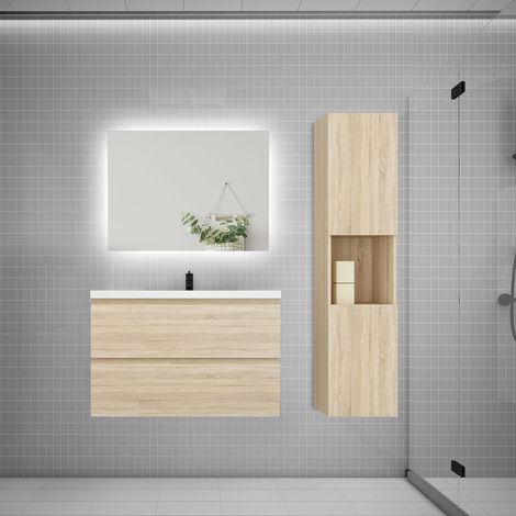 Ensemble meuble chêne et vasque L.80cm 2 tiroirs + colonne1 haut + lavabo + miroir 80x60cm-suspendu