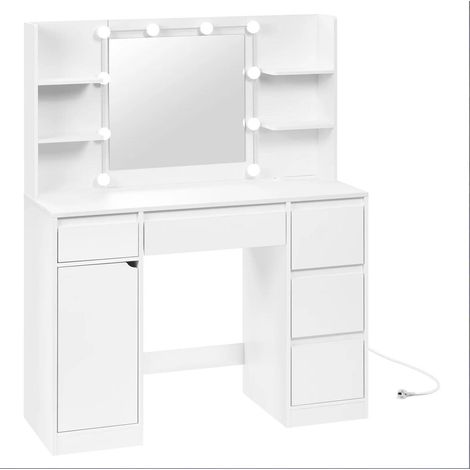 Coiffeuse moderne en bois blanc avec miroir, 110x140x40 cm, éclairage LED dimmable et prises intégrées (1/5)
