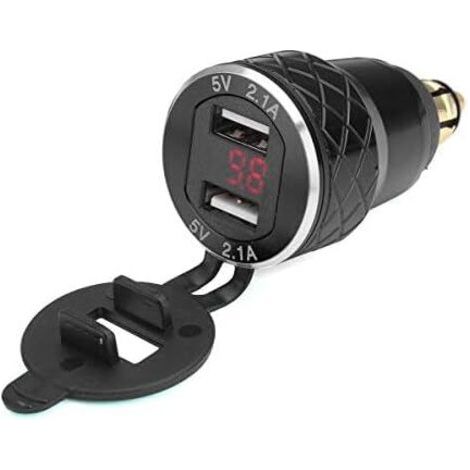 Sollbry 12V-24V 4.2A Voltmètre Rouge Moto Double Chargeur USB Din Socket pour Bmw Moto - Noir (1/4)