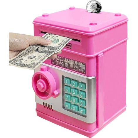 Tirelire - Coffre-fort électronique avec écran à code et insertion automatique de billets - 1 pièce - Rose foncé pour enfants (1/5)