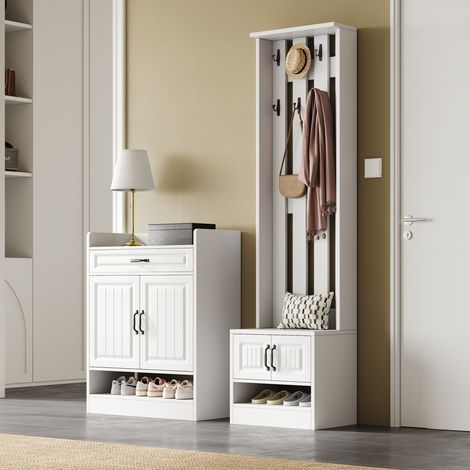 Mueble de entrada 4 puertas, 125x36x190 cm, con banco, cajón, estantes y 8 ganchos, en tableros de partículas, blanco (1/5)