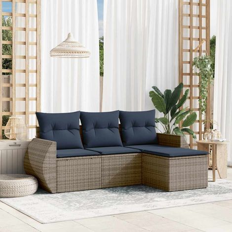 Ensemble canapé de jardin 4 pièces en résine tressée grise avec coussins bleu marine - PANGIVO (1/5)