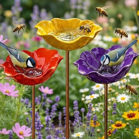 Bain d'oiseaux Extérieur sur Pied en Métal, Mangeoire & Abreuvoir pour Oiseaux Forme de Fleur, Baignoire à Oiseaux pour Jardin Balcon, Station d'Approvisionnement pour Oiseaux Sauvages (1/5)