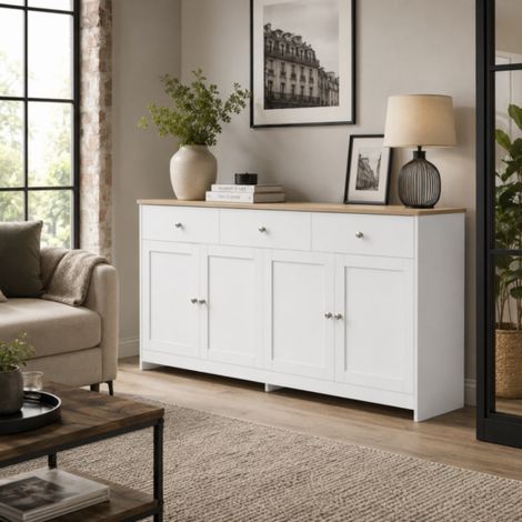 Buffet de rangement 160 x 37 x 75 cm, Commode à 4 portes et 3 tirtors, Meuble bas, Armoire Tiroirs, Buffet pour Salon, Chambre, Salle à Manger, couleur bois naturel+blanc (1/5)