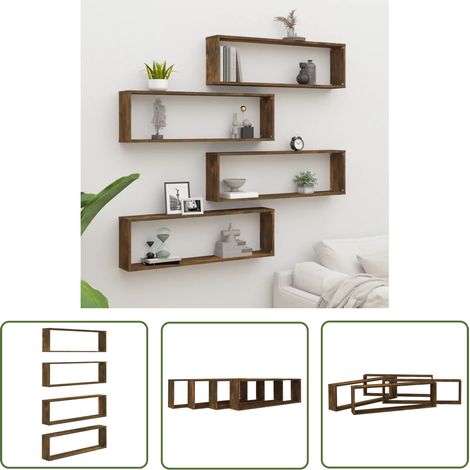 The Living Store Étagères murales cubiques 4 pcs Chêne fumé 100x15x30 cm - Étagères Murales - Étagères Cubes - Étagères Déco - Rangement Mural - Décoration Murale (1/5)
